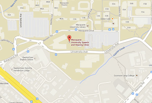 Flat coloured map of the area surrounding Macquarie University Speech and Hearing Clinic